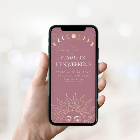Fully editable and printable hen party weekend mobile invitation with a celestial design. Perfect for a celestial bridal shower themed party