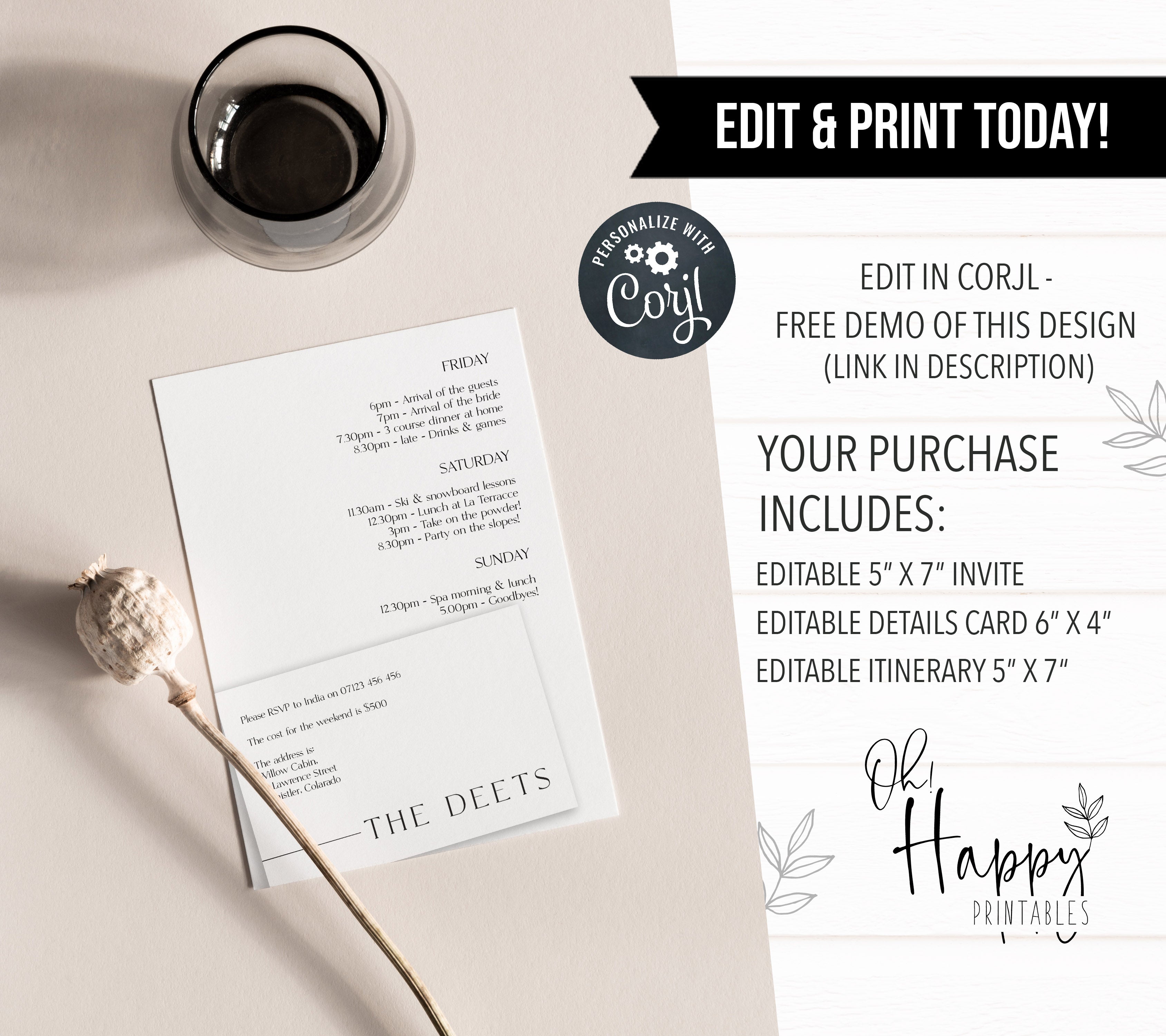 Fully editable, printable and mobile bachelorette invitation and welcome signs with a modern minimalist design. Perfect for a modern minimalist Bachelorette themed party