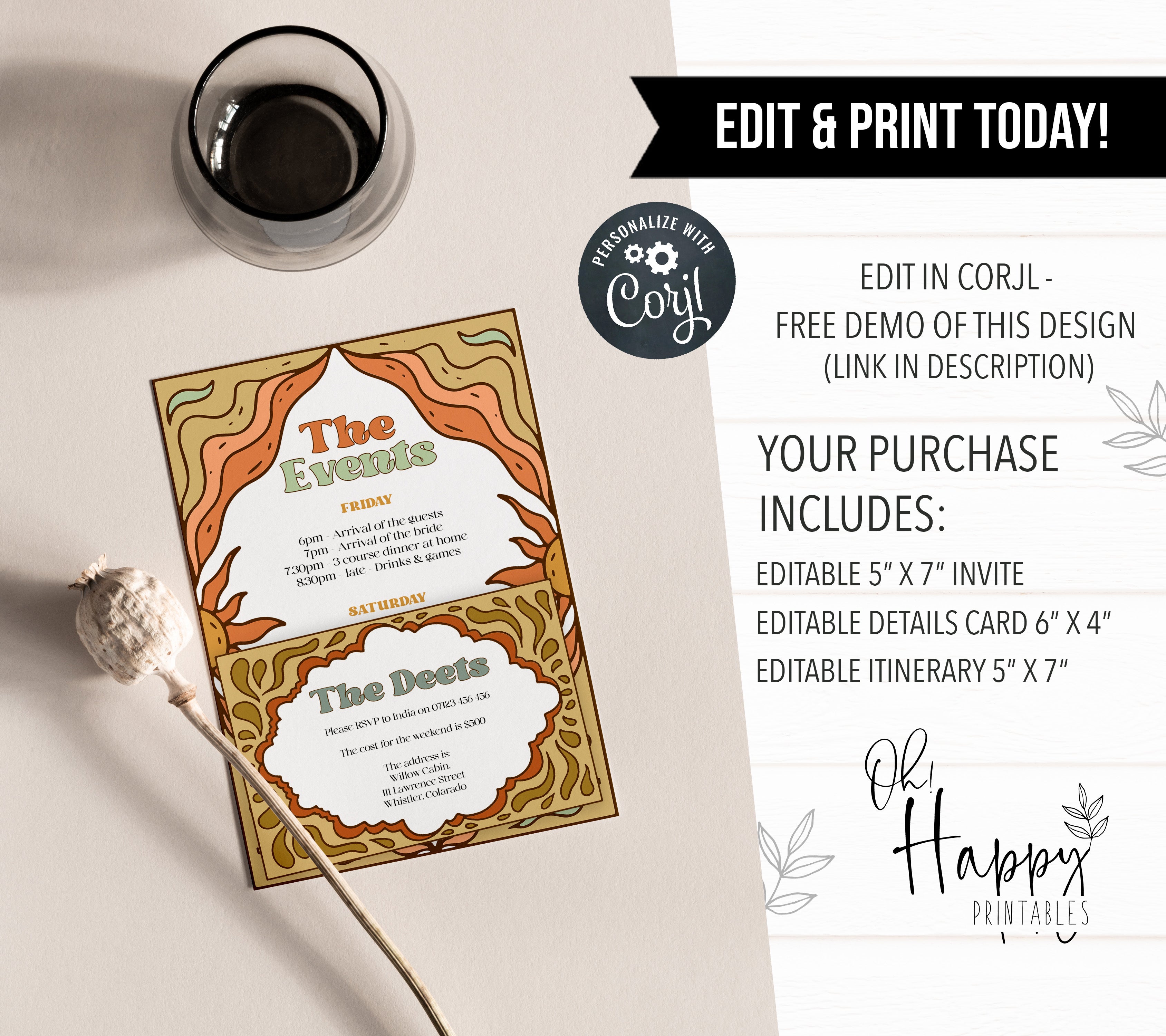 60s Gypsy Boho-inspired editable hen weekend invitation is the perfect way to add a touch of free-spirited charm to your special day