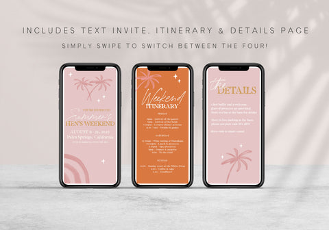 Fully editable and printable hen party mobile weekend invitation with a Palm Springs design. Perfect for a Palm Springs bridal shower themed party
