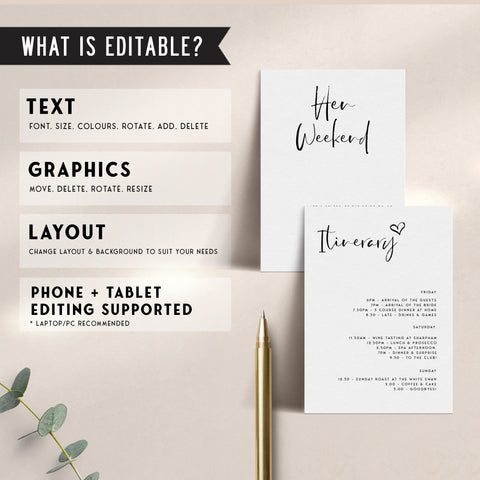 Fully editable and printable bridal shower hen weekend invitation with a modern minimalist design. Perfect for a modern simple bridal shower themed party