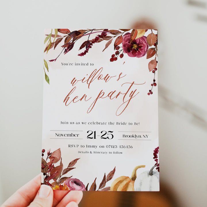 Fully editable and printable hen party invitation with a Fall design. Perfect for a fall floral bridal shower
