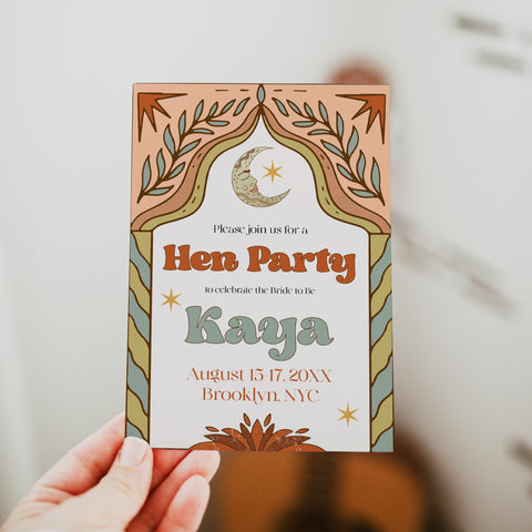 60s Gypsy Boho-inspired editable hen weekend invitation is the perfect way to add a touch of free-spirited charm to your special day