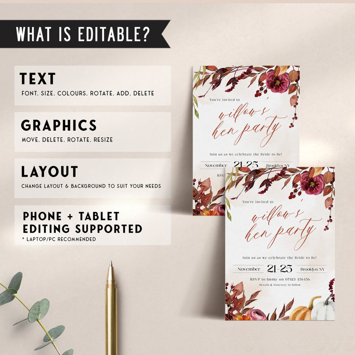 Fully editable and printable hen party invitation with a Fall design. Perfect for a fall floral bridal shower