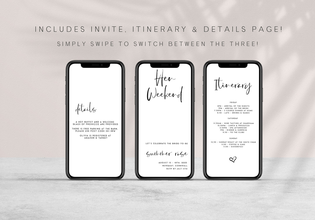 Fully editable hen weekend mobile invitation with a modern minimalist design. Perfect for a modern simple bridal shower themed party