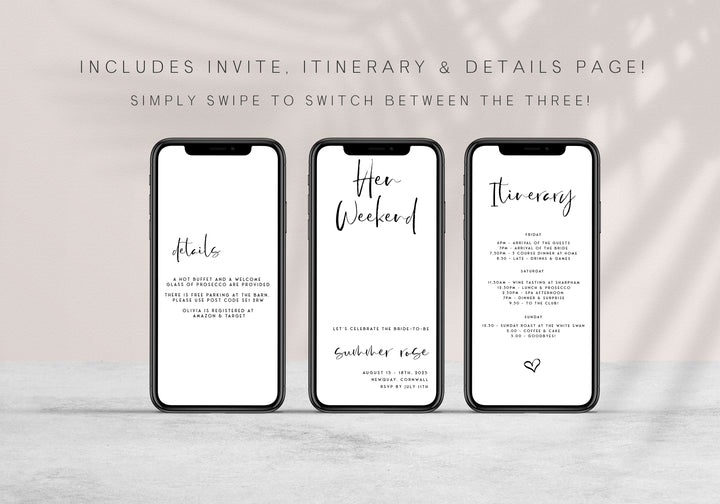 Fully editable hen weekend mobile invitation with a modern minimalist design. Perfect for a modern simple bridal shower themed party