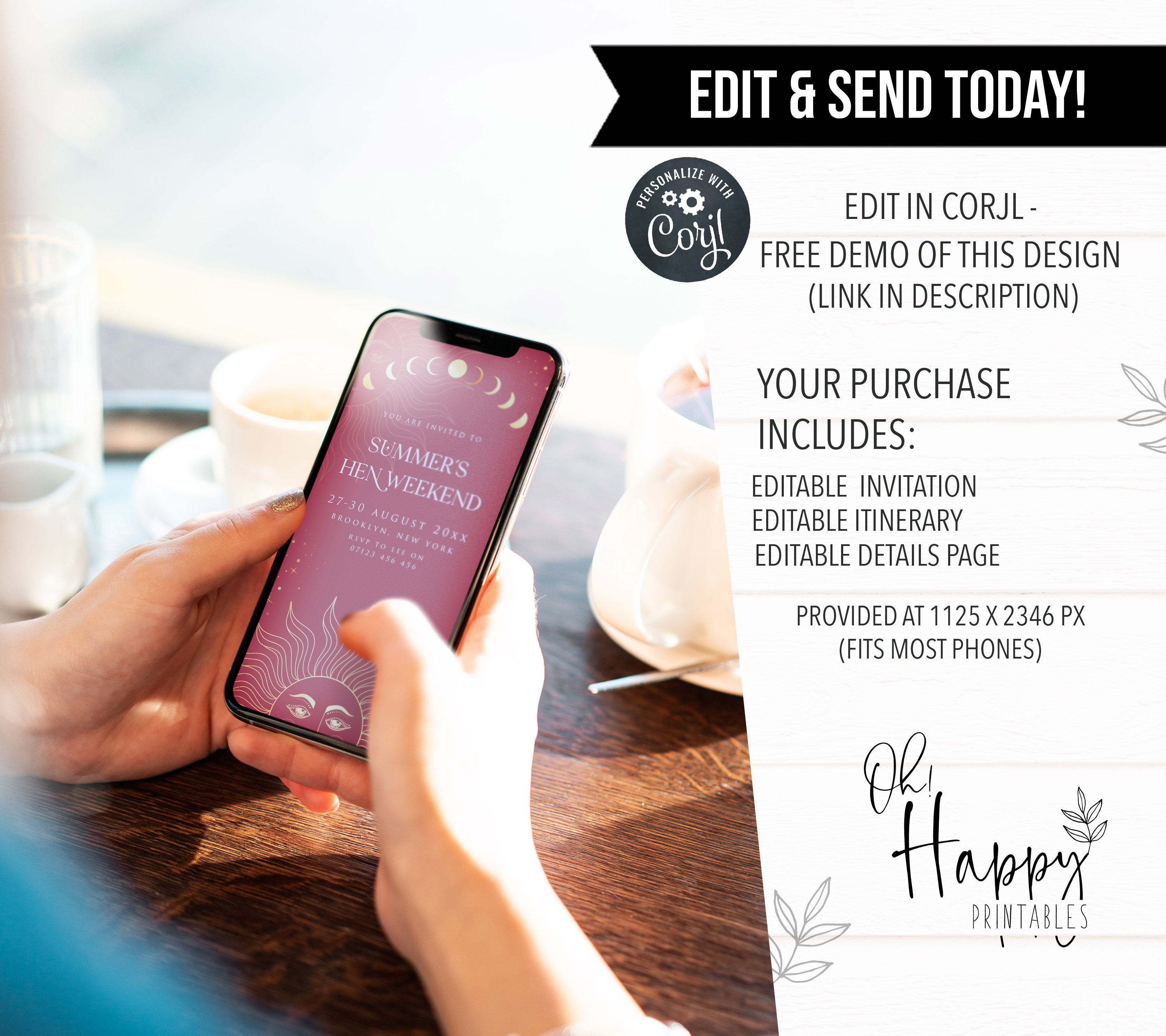 Fully editable and printable hen party weekend mobile invitation with a celestial design. Perfect for a celestial bridal shower themed party