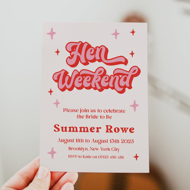 editable hen weekend invitation in 70s style. Fully editable hen party invitation that can be printed at home or with a print company