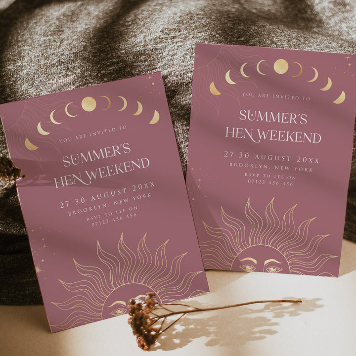 Fully editable and printable hen party weekend invitation with a celestial design. Perfect for a celestial bridal shower themed party