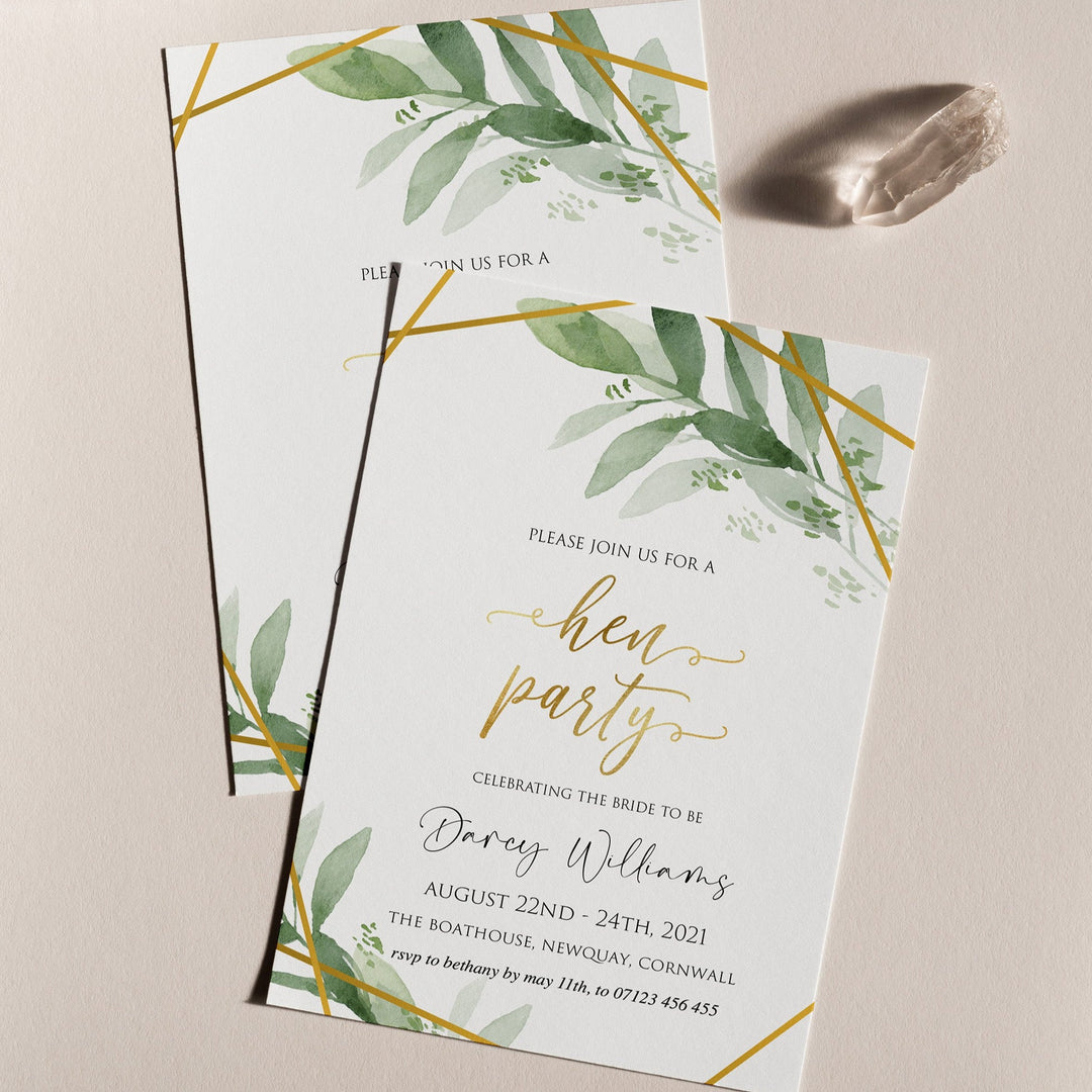 hen party invitations, editable bridal shower invitations, printable bachelorette invitations, gold greenery bridal shower invites, greenery bridal shower ideas