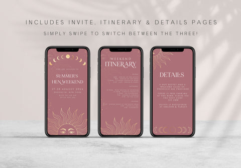 Fully editable and printable hen party weekend mobile invitation with a celestial design. Perfect for a celestial bridal shower themed party