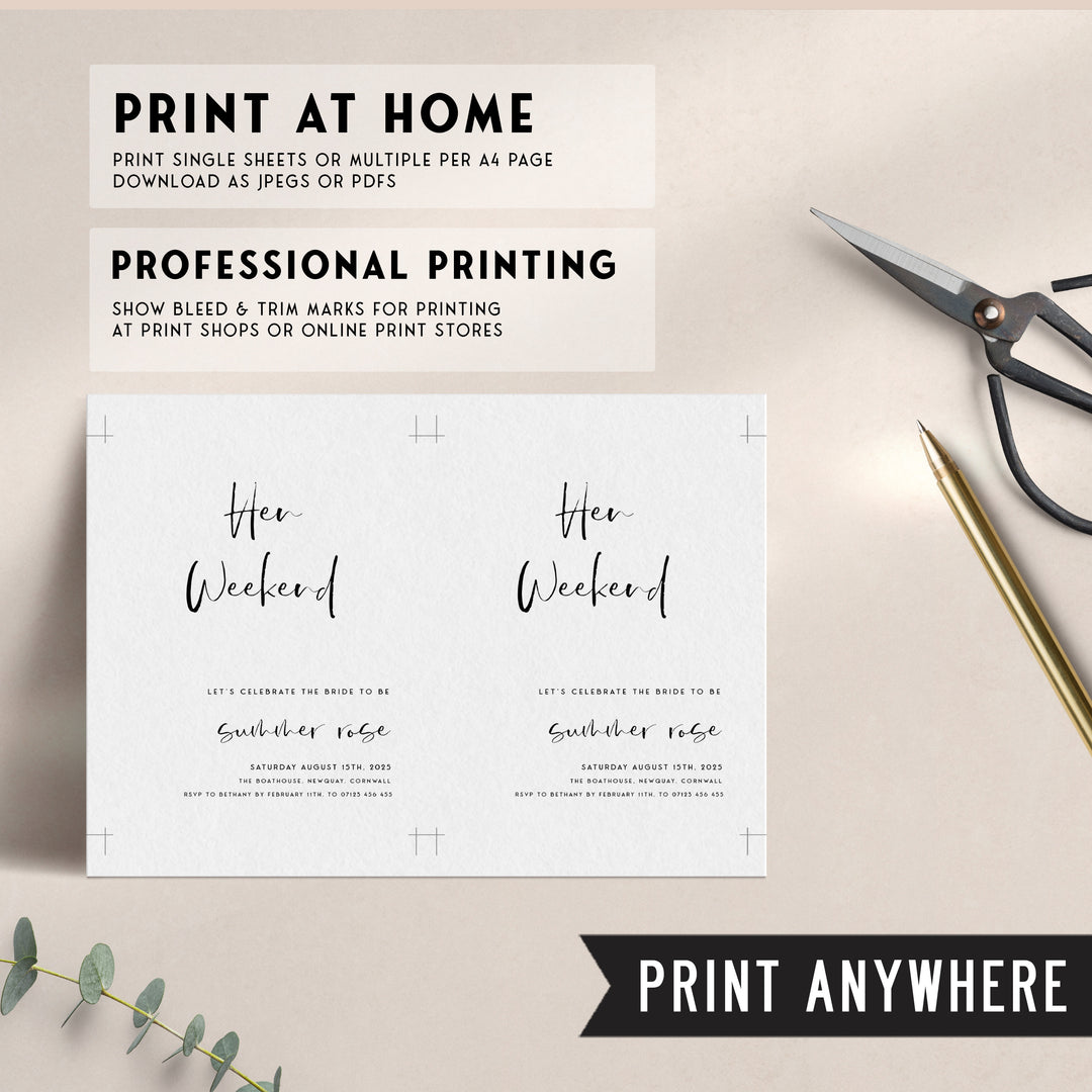 Fully editable and printable bridal shower hen weekend invitation with a modern minimalist design. Perfect for a modern simple bridal shower themed party