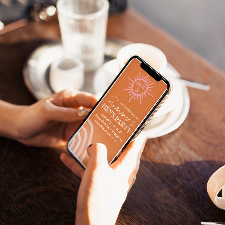 Fully editable and printable hen party weekend mobile invitation with a Palm Springs design. Perfect for a Palm Springs bridal shower themed party