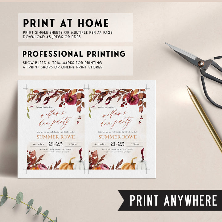 Fully editable and printable hen party invitation with a Fall design. Perfect for a fall floral bridal shower