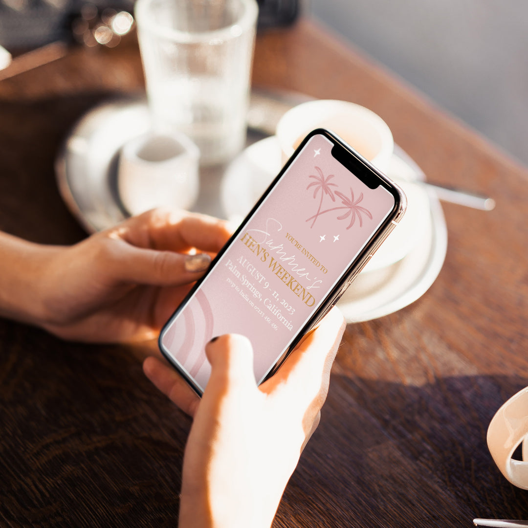 Fully editable and printable hen party mobile weekend invitation with a Palm Springs design. Perfect for a Palm Springs bridal shower themed party