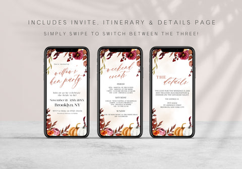 Fully editable hen party mobile invitation with a Fall design. Perfect for a fall floral bridal shower