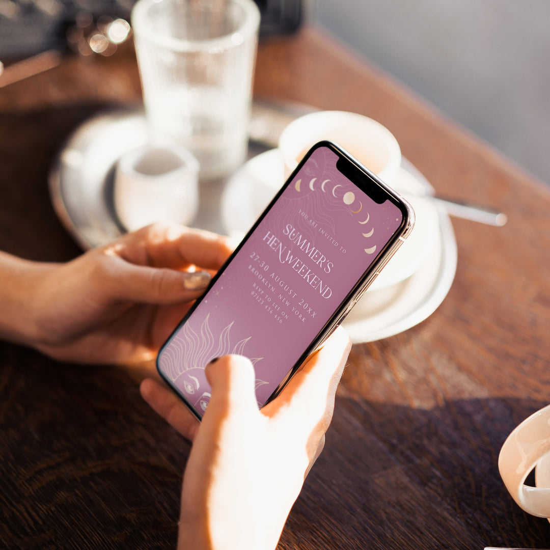 Fully editable and printable hen party weekend mobile invitation with a celestial design. Perfect for a celestial bridal shower themed party