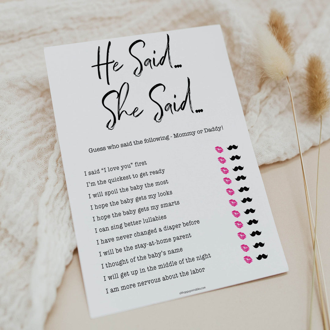 gender neutral baby shower games, he said she said, mommy or daddy game, baby games, printable baby shower, popular baby games, fun baby games, baby shower games