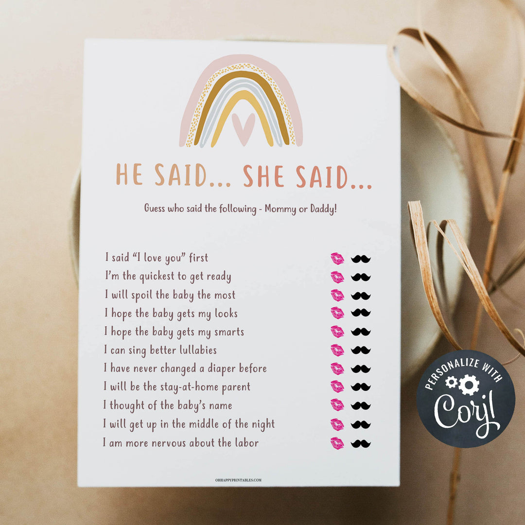 editable he said she said baby shower games, printable baby shower games, boho rainbow baby shower games