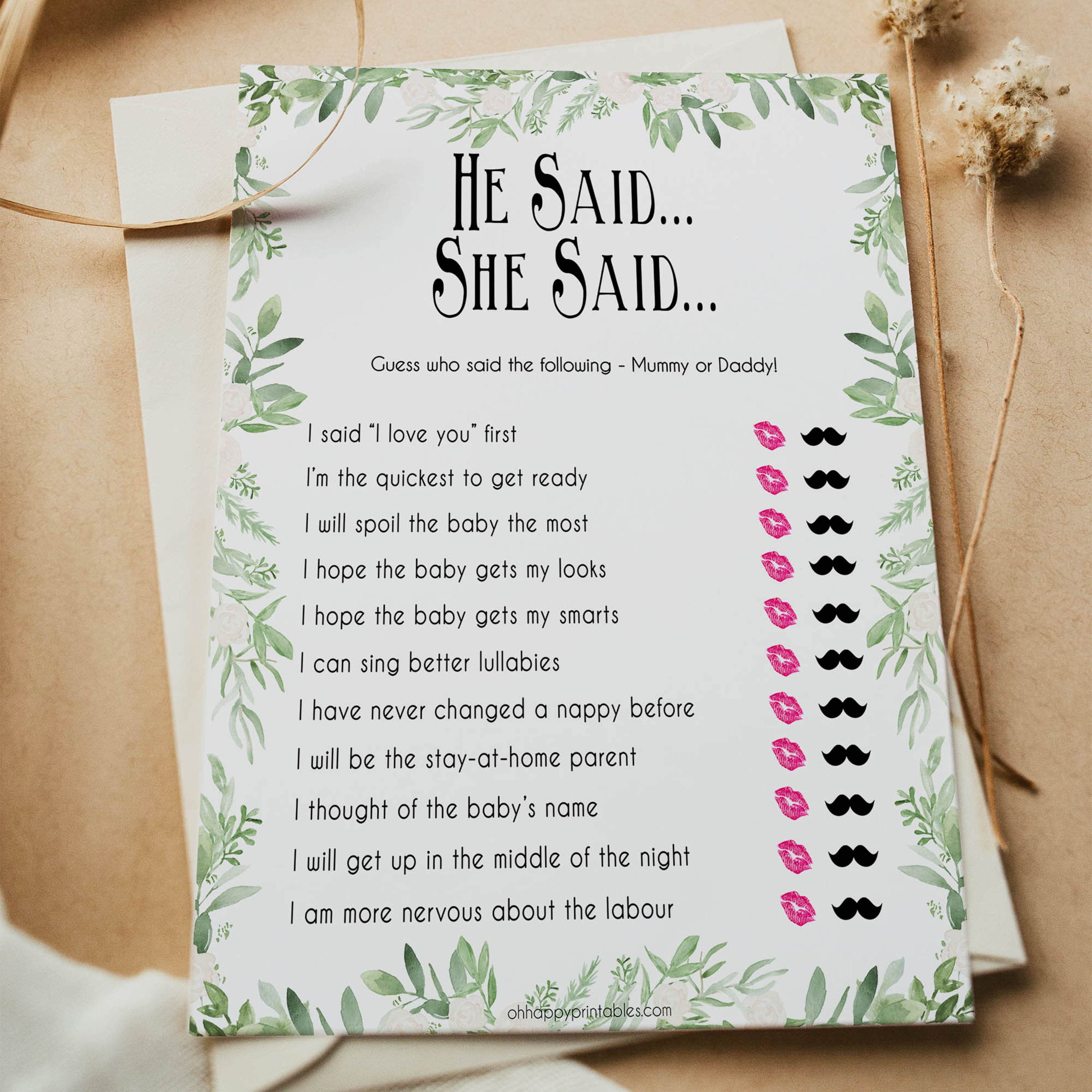 Greenery He Said She Said Baby Shower Game, Who Said It, Baby Shower Games, He Said She Said Game, Mommy or Daddy Game, Who What What, printable baby shower games, fun baby games, popular baby games