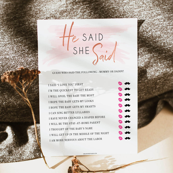 Pink Swash He Said She Said Baby Shower Game, Printable Baby Shower Games, He Said She Said Game, Mommy or Daddy Game, Who What What, popular baby games, fun baby games, printable baby games