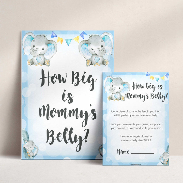 Blue elephant baby games, how big is mommys belly, elephant baby games, printable baby games, top baby games, best baby shower games, baby shower ideas, fun baby games, elephant baby shower
