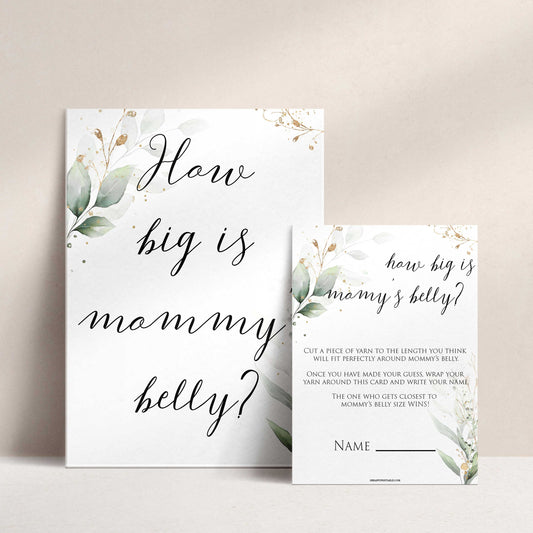 Gold green leaf baby games, how big is mommys belly, printable baby games, fun baby games, top baby games to play, gold leaf baby shower, greenery baby shower ideas