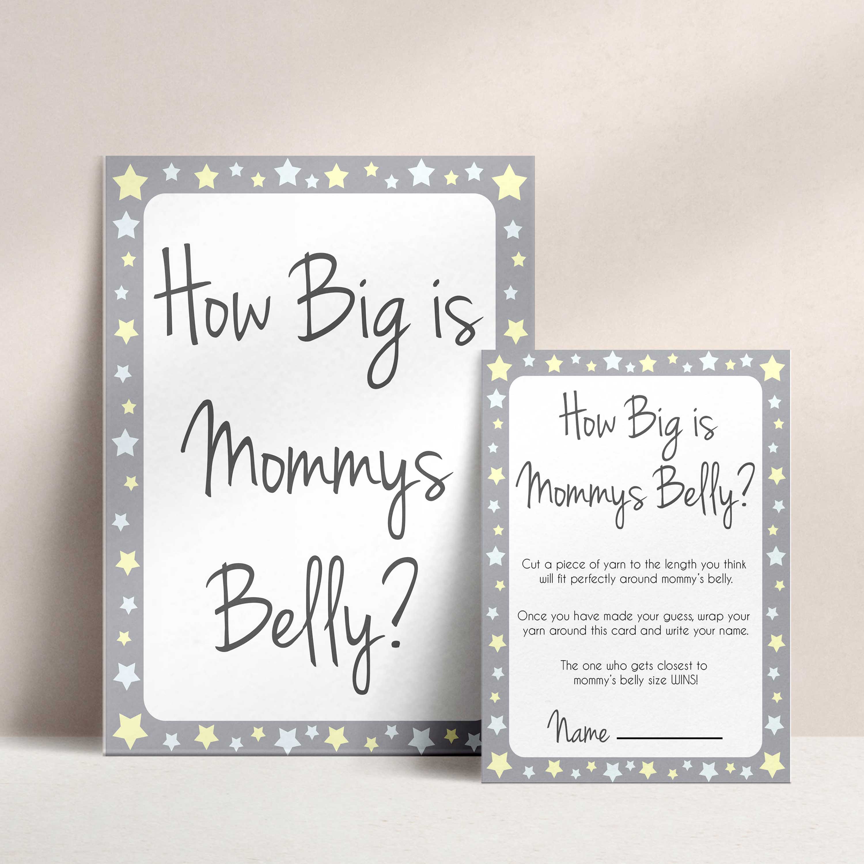 Grey Yellow Stars How Big Is Mommy's Belly, Mommys Belly Game, Printable Baby Shower Games, Grey Stars Baby Games, Guess Mommys Belly, fun abby shower games, popular baby shower games, printable baby shower games