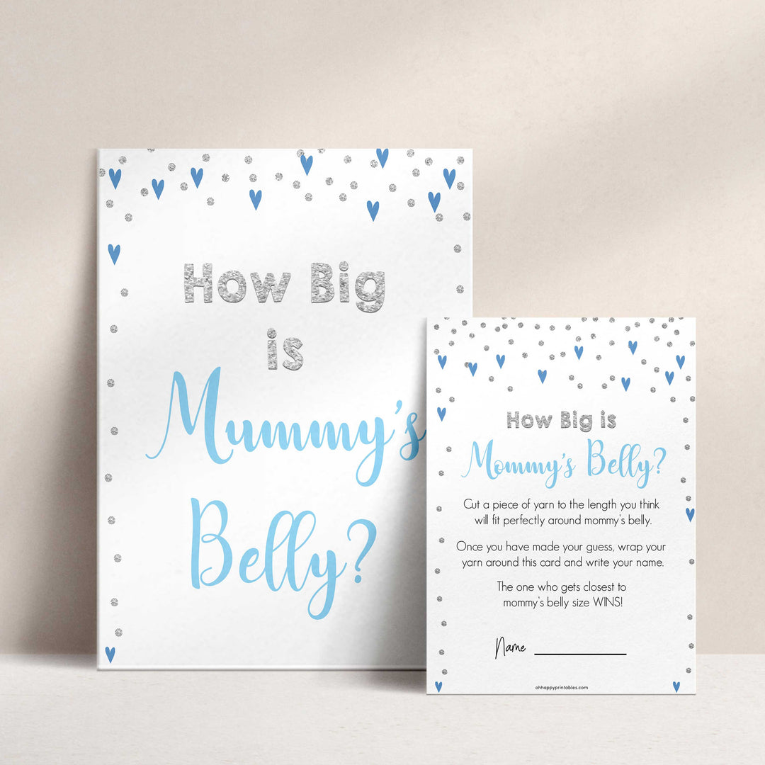 How big is mommys belly, Printable baby shower games, small blue hearts fun baby games, baby shower games, fun baby shower ideas, top baby shower ideas, silver baby shower, blue hearts baby shower ideas