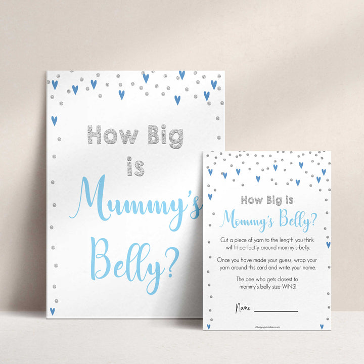 How big is mommys belly, Printable baby shower games, small blue hearts fun baby games, baby shower games, fun baby shower ideas, top baby shower ideas, silver baby shower, blue hearts baby shower ideas