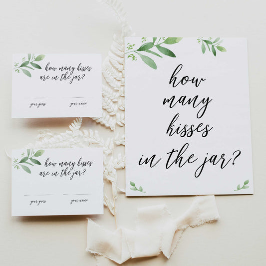 how many kisses game, greenery bridal shower, fun bridal shower games, bachelorette party games, floral bridal games, hen party ideas