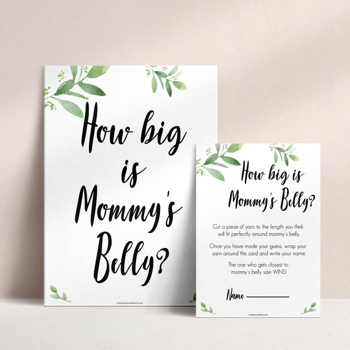 Botanical How Big Is Mommy's Belly, Mommys Belly Game, Baby Shower Games, Greenery Baby Games, Green Guess Mommys Belly, Baby Games, printable baby games