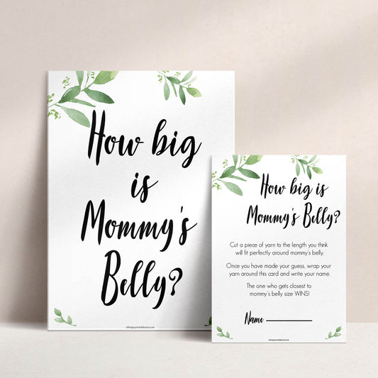 Botanical How Big Is Mommy's Belly, Mommys Belly Game, Baby Shower Games, Greenery Baby Games, Green Guess Mommys Belly, Baby Games, printable baby games