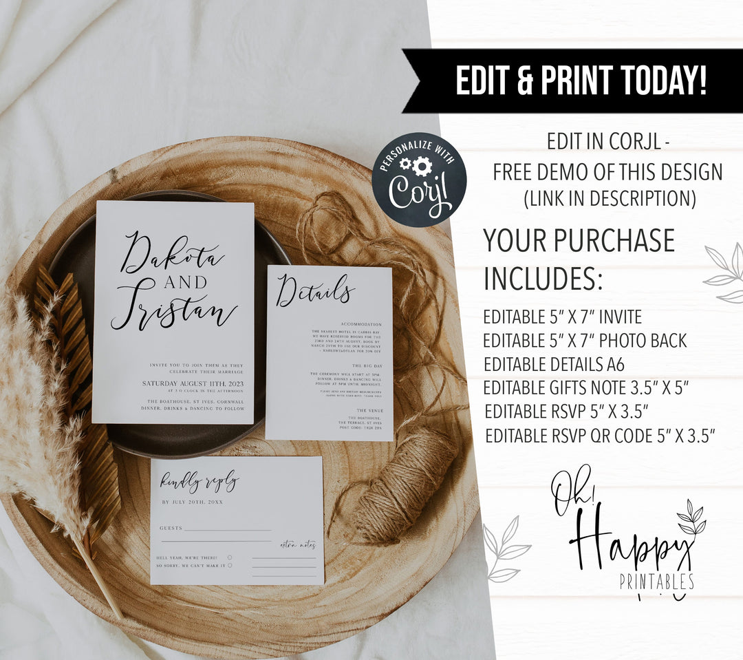 editable wedding invitations, CALLIGRAPHY editable wedding invitation suite, editable wedding stationery, printable wedding stationery, modern wedding items, wedding save the dates