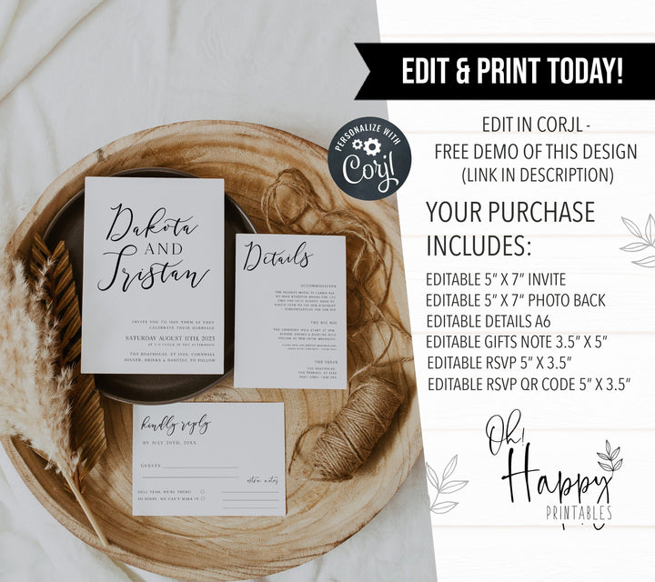 editable wedding invitations, CALLIGRAPHY editable wedding invitation suite, editable wedding stationery, printable wedding stationery, modern wedding items, wedding save the dates