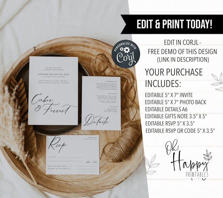 editable wedding invitations, printable wedding invitations, CALLIGRAPHY editable wedding invitation suite, editable wedding stationery, printable wedding stationery, modern wedding items, wedding save the dates
