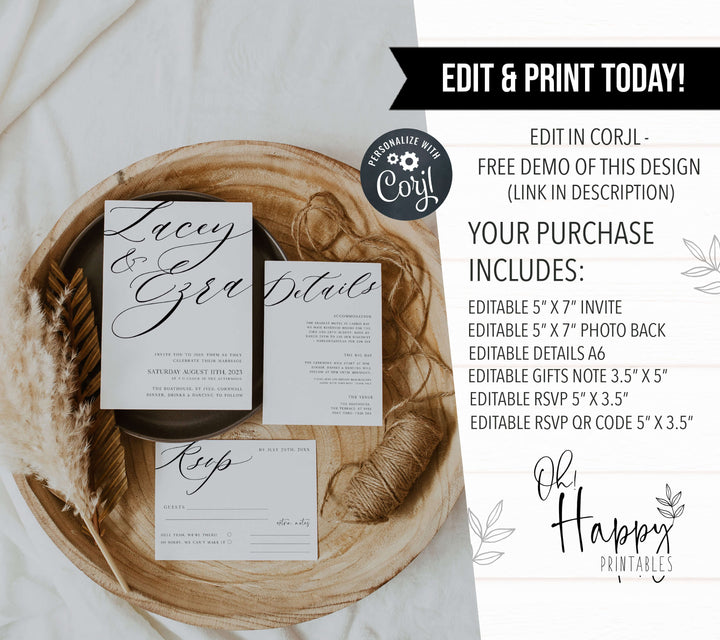 editable wedding invitation suite, editable save the date, CALLIGRAPHY editable wedding invitation suite, editable wedding stationery, printable wedding stationery, modern wedding items, wedding save the dates
