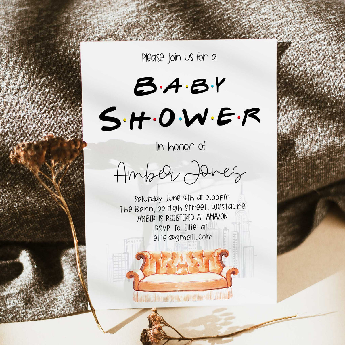 friends baby shower invitation, baby shower invitations, editable baby shower invite, friends baby shower theme, friends