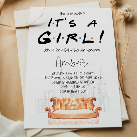 editable its a girl baby shower invite, friends baby shower invitation, baby shower invitations, editable baby shower invite, friends baby shower theme, friends