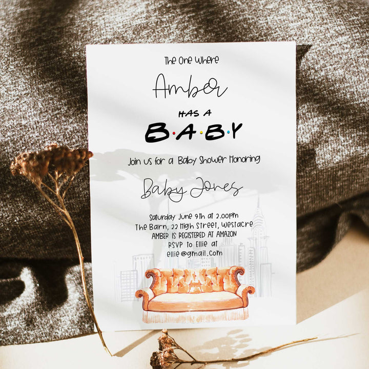 friends baby shower theme, printable baby shower invitation, editable baby shower invite, friends baby shower
