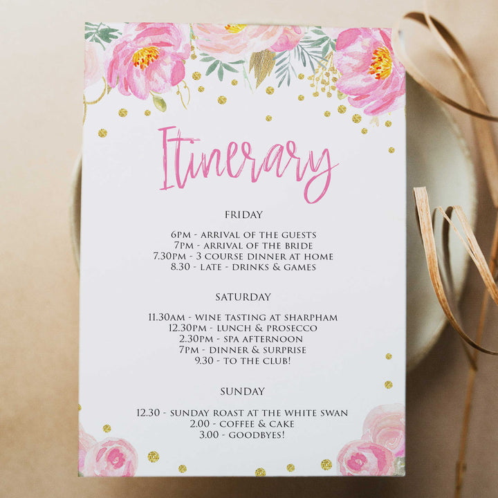 editable itinerary, blush itinerary, blush gold bachelorette invitation, editable bridal shower invitations, corjl invite, bachelorette party invite, floral bridal invite