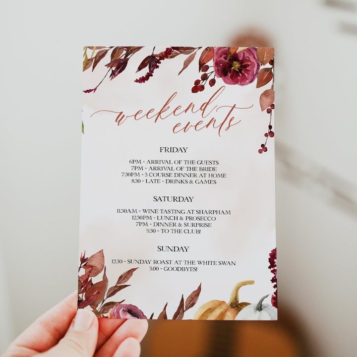 Fully editable and printable itinerary with a Fall design. Perfect for a fall floral bridal shower
