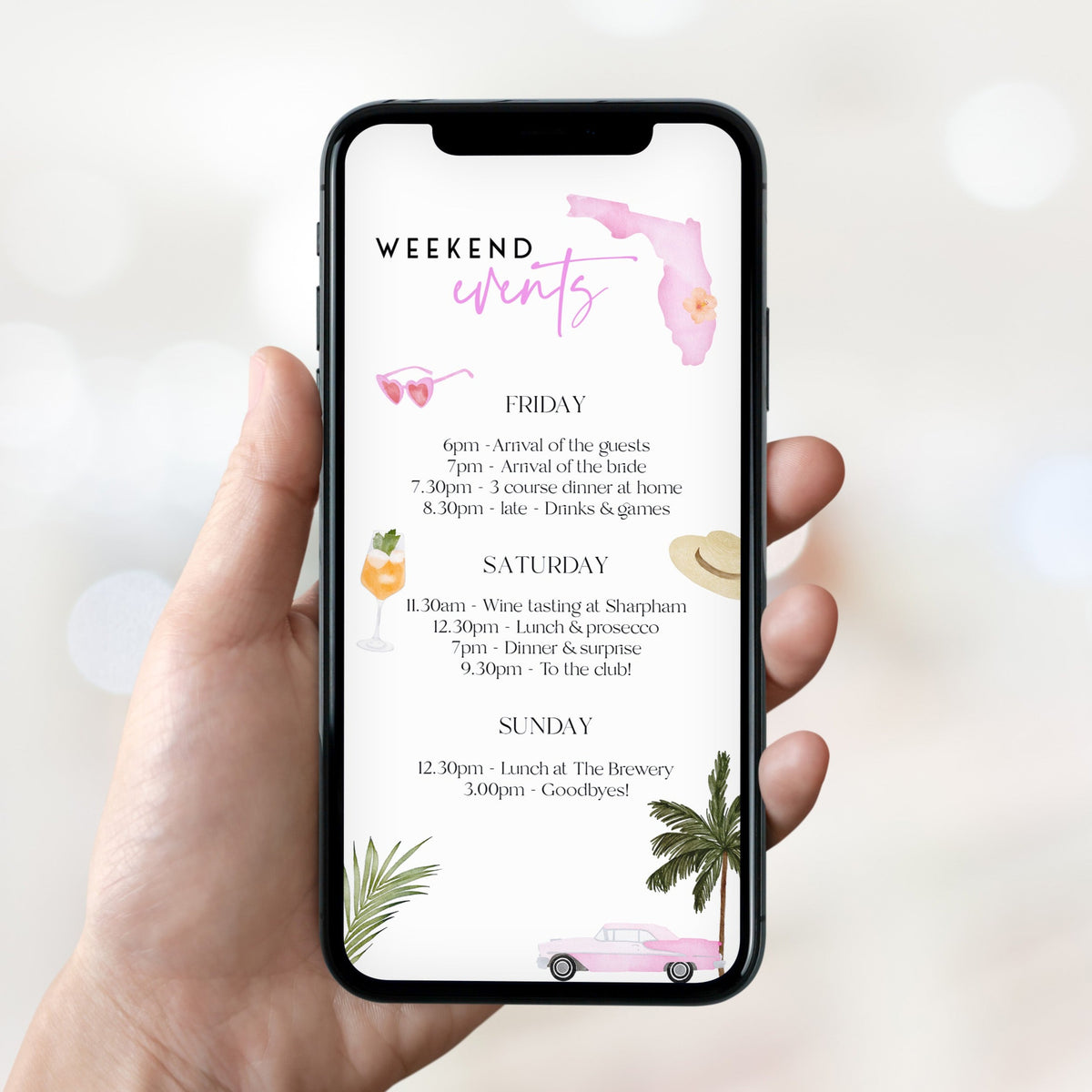 Fully editable and printable mobile itinerary with a miami design. Perfect for a miami, Bachelorette themed party