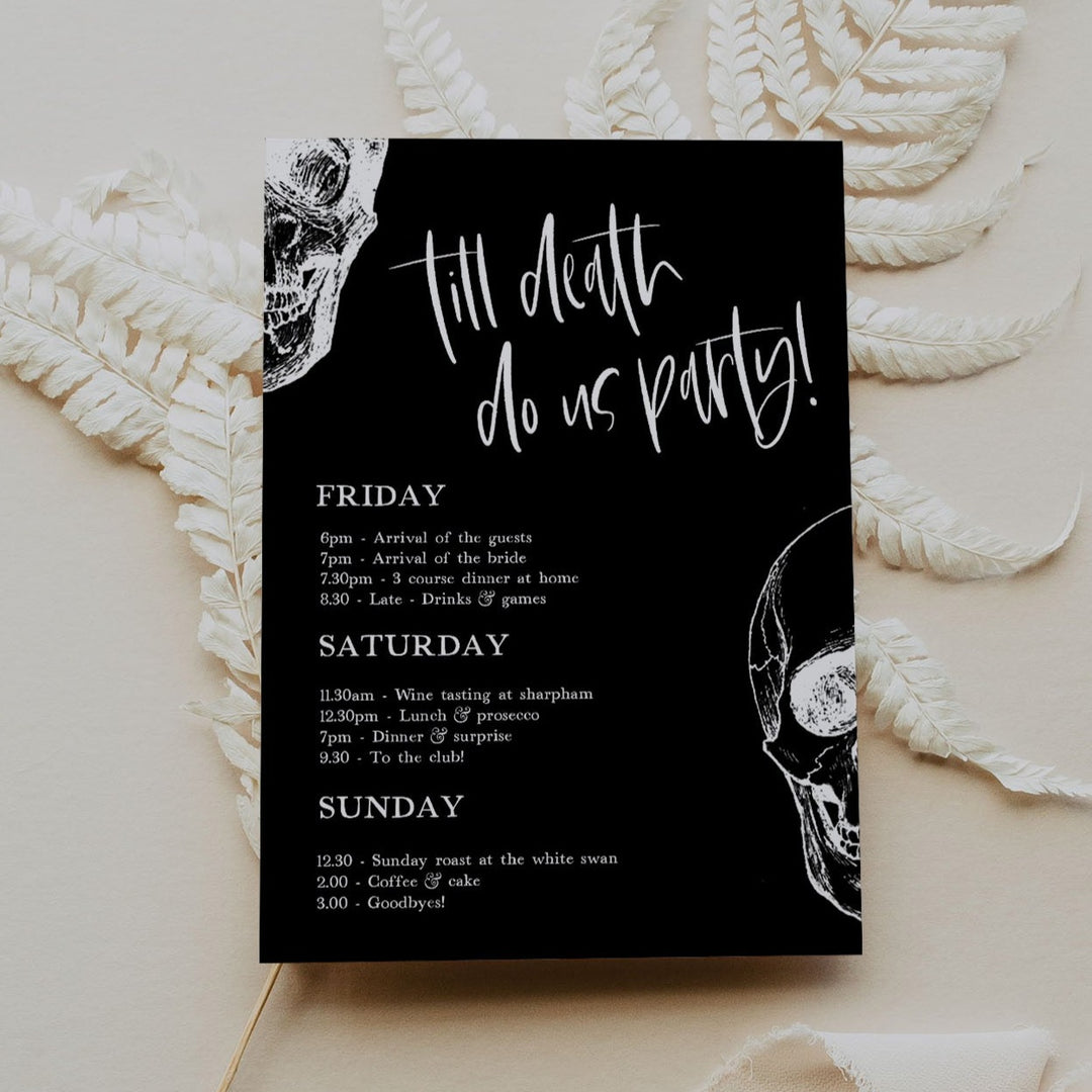 Fully editable and printable bachelorette itinerary with a gothic design. Perfect for a Bride or Die or Death Us To Party bridal shower themed party