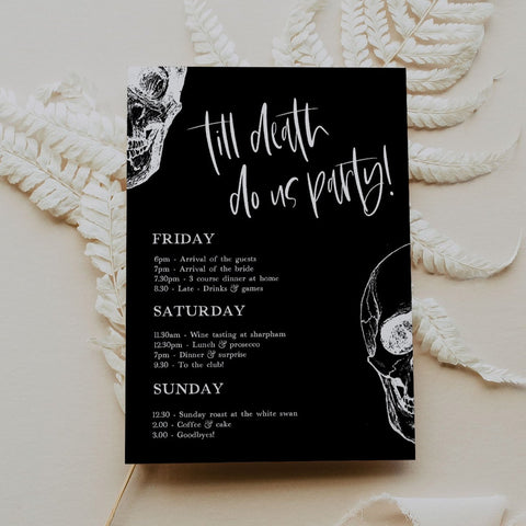 Fully editable and printable bachelorette itinerary with a gothic design. Perfect for a Bride or Die or Death Us To Party bridal shower themed party