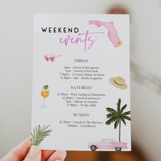 Fully editable and printable bachelorette itinerary with a miami design. Perfect for a miami, Bachelorette themed party