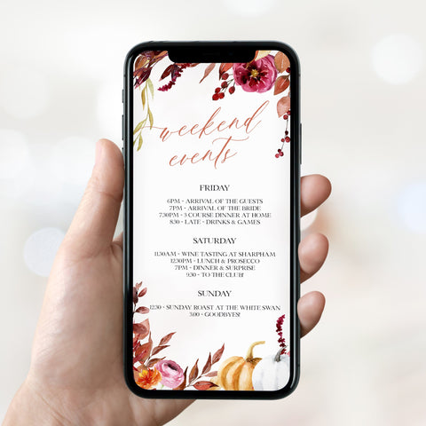 Fully editable mobile Itinerary with a Fall design. Perfect for a fall floral bridal shower
