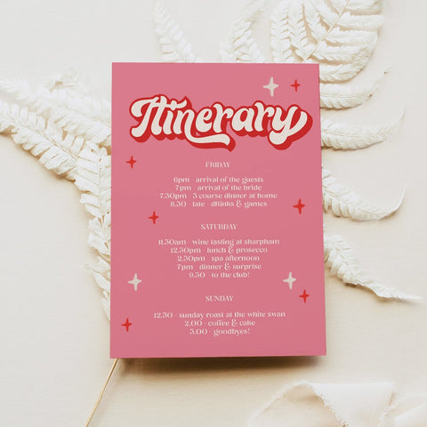 editable 70s style bridal shower itinerary. Fully editable and printable at home or print with a print company