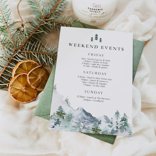 Fully editable and printable mountain cabin invitation with a mountain design. Perfect for a snowy cabin mountain bridal shower