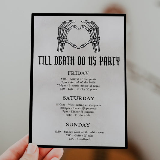 Fully editable and printable bachelorette itinerary with a gothic design. Perfect for a Bride or Die or Death Us To Party bridal shower themed party